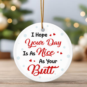 Personalized double-sided ceramic ornament with humorous text for festive decor