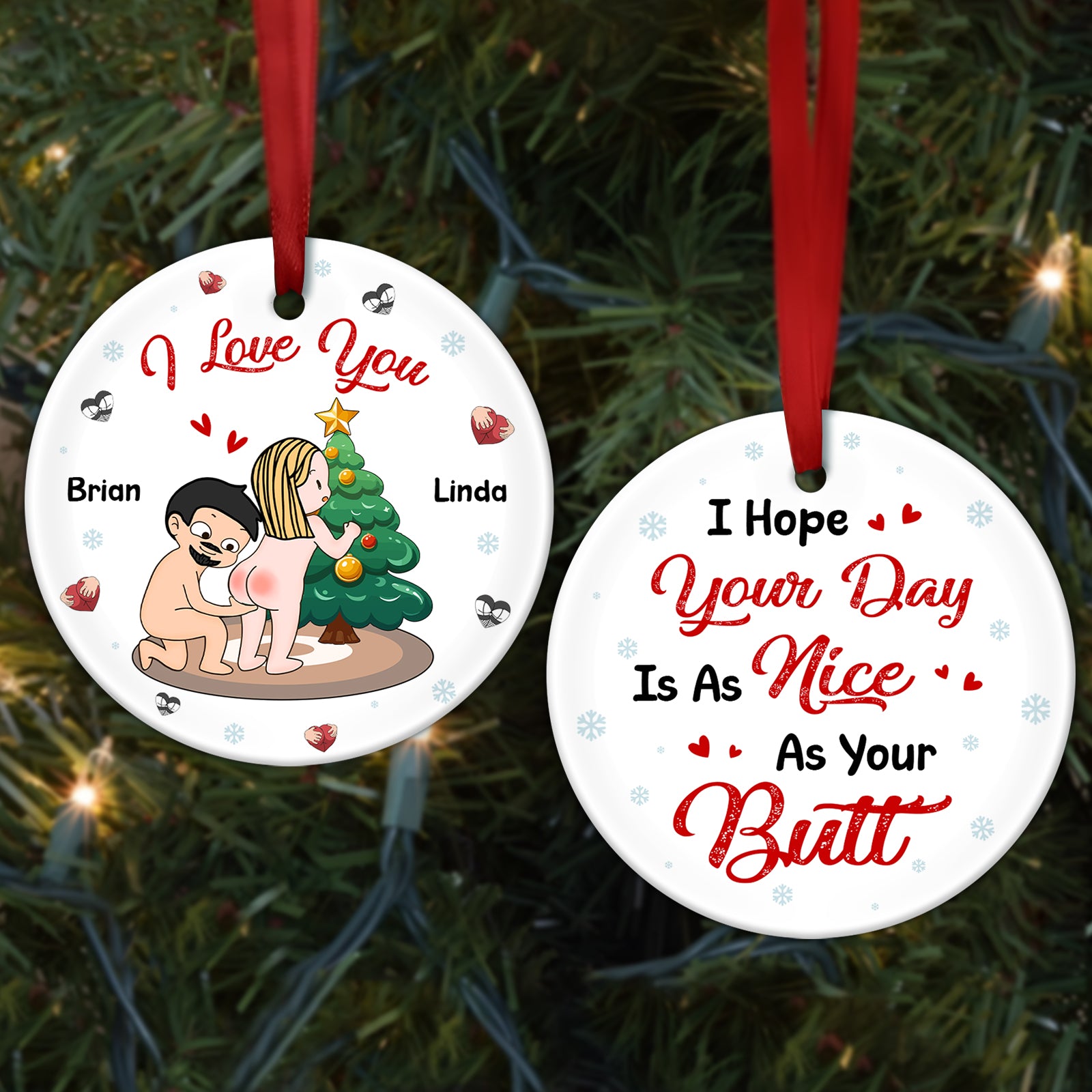 Personalized double-sided ceramic ornament featuring a playful design with holiday messages for a fun gift