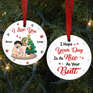 Personalized double-sided ceramic ornament featuring a playful design with holiday messages for a fun gift