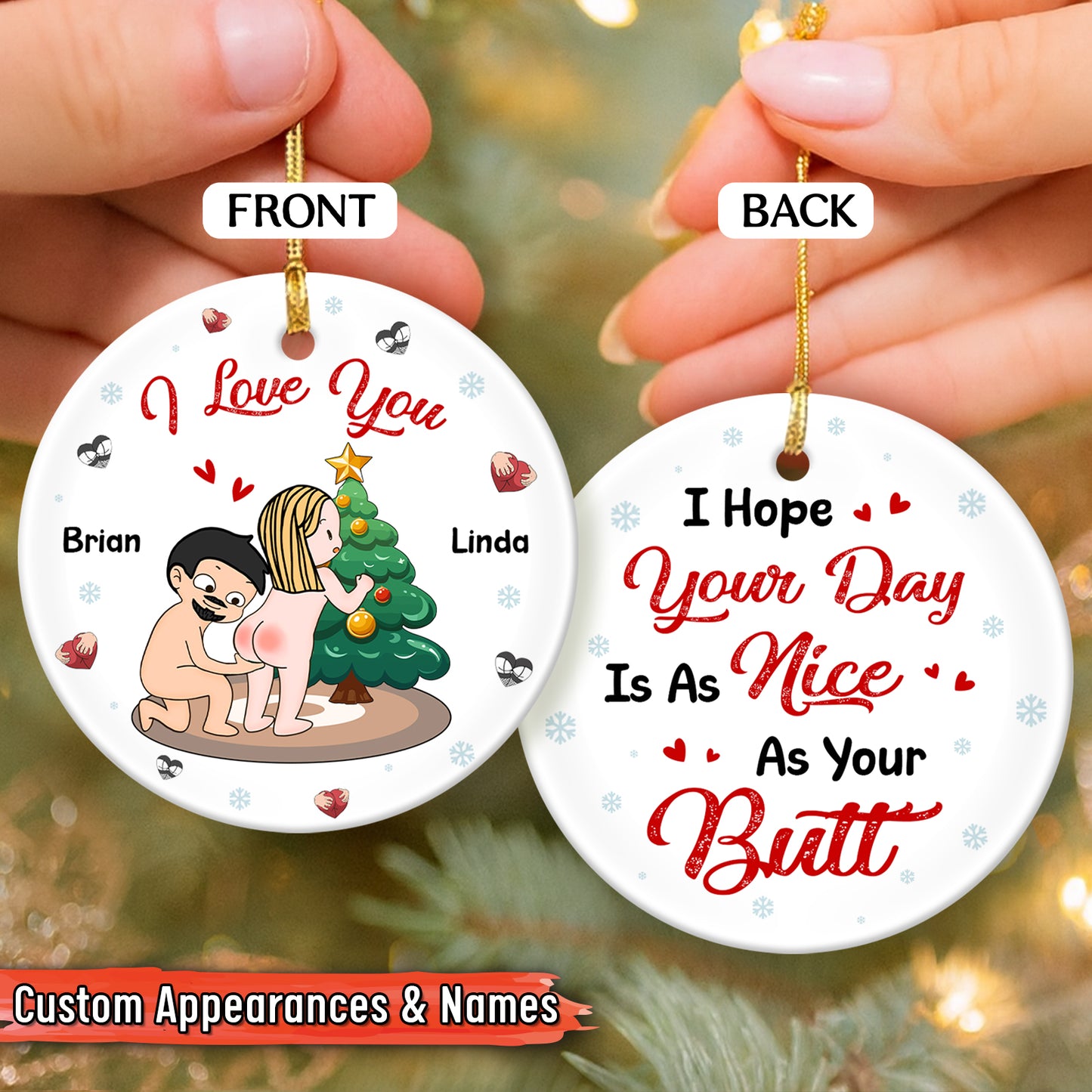 Personalized double-sided ceramic ornament featuring a festive couple with a humorous message