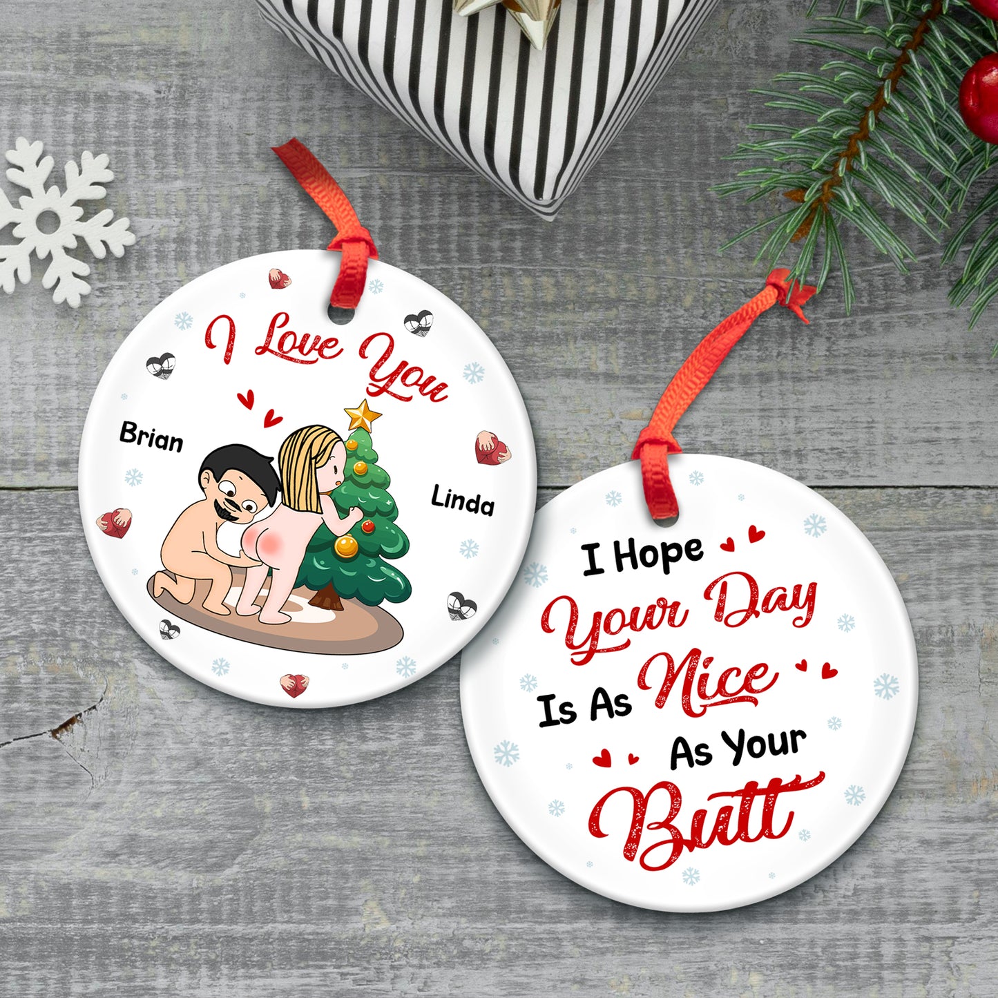 Personalized double-sided ceramic ornament featuring whimsical holiday designs and playful text for gifting