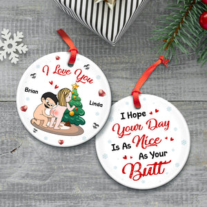 Personalized double-sided ceramic ornament featuring whimsical holiday designs and playful text for gifting