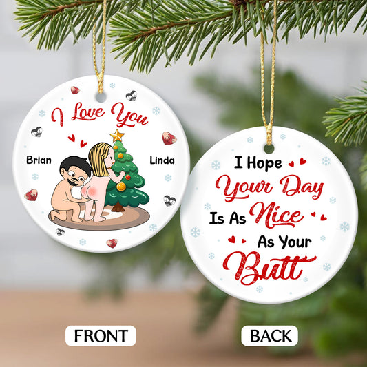 Personalized double-sided ceramic ornament featuring a playful design for unique holiday decor
