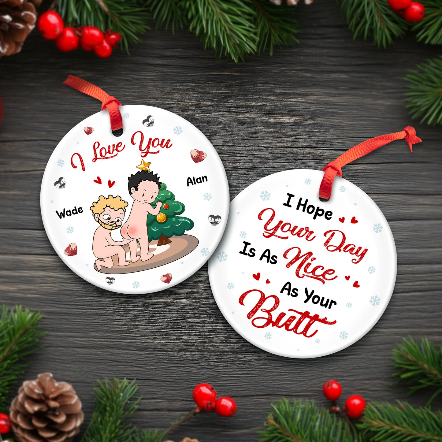 Personalized double-sided ceramic ornament featuring cartoon characters and festive designs