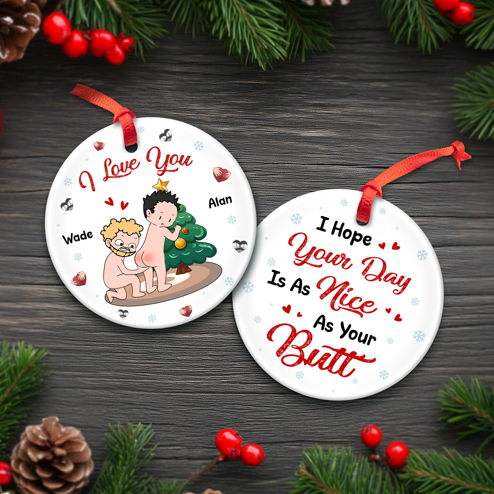 Personalized double-sided ceramic ornament featuring cartoon characters and festive designs