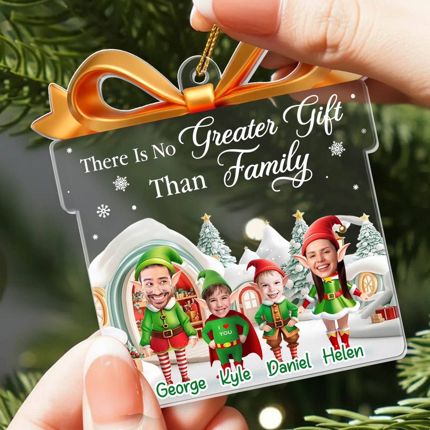 Personalized elf family Christmas ornament featuring names and festive designs for holiday decorations