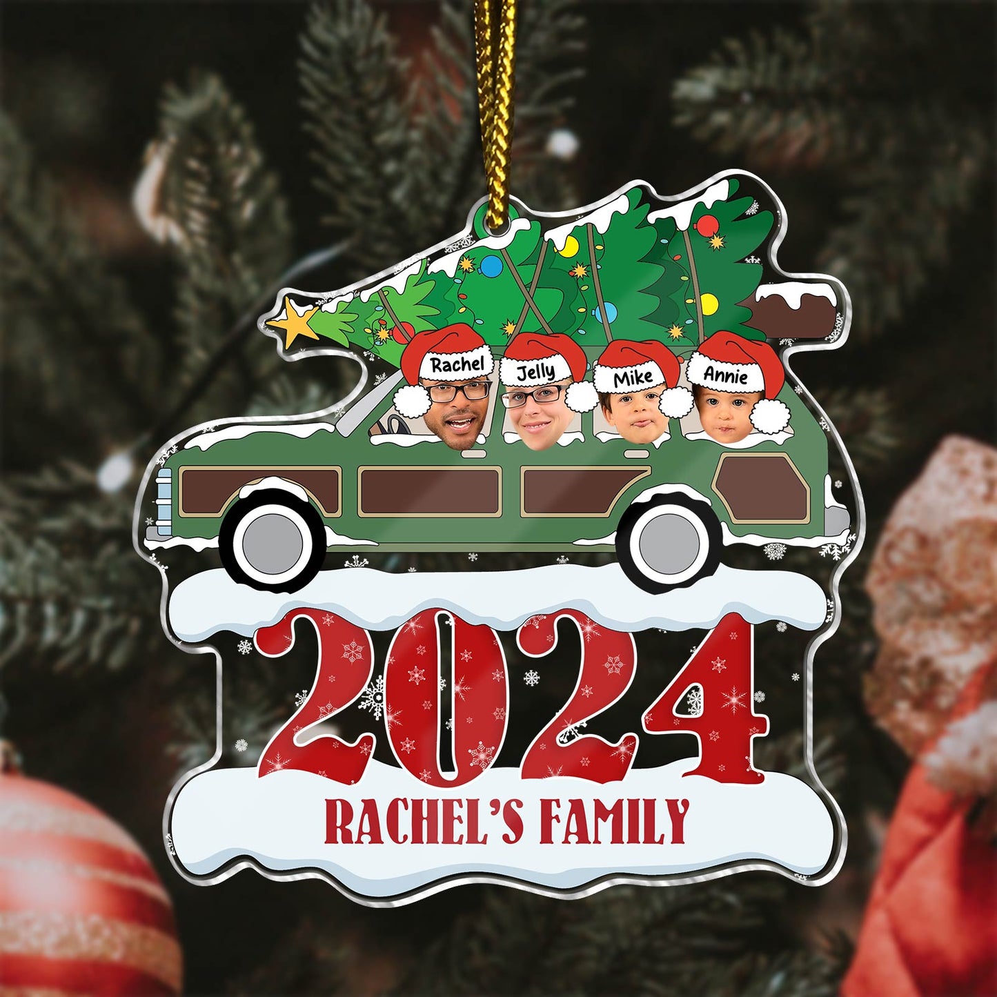 Personalized family Christmas ornament with 2024 and faces in a green car carrying a tree