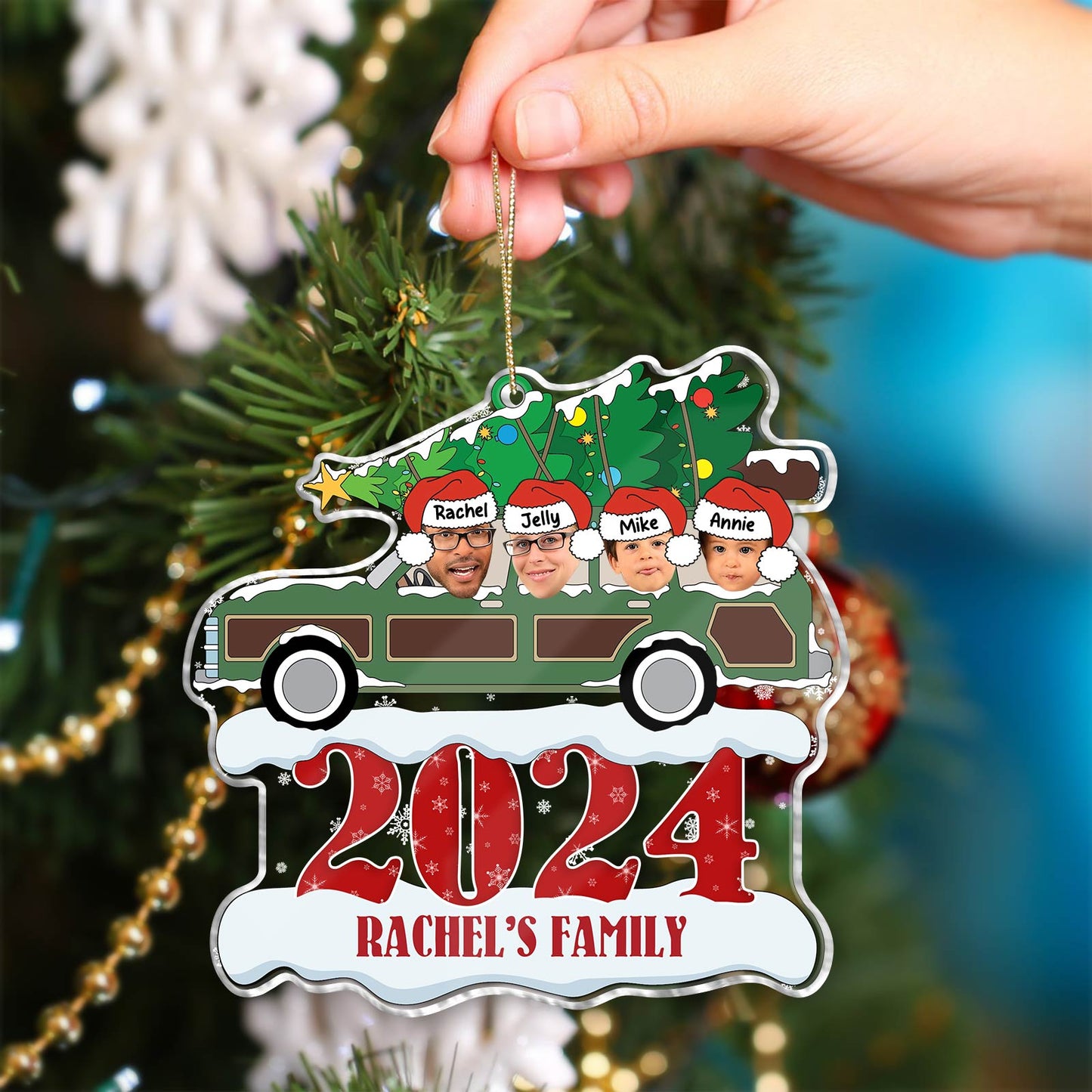 365Gifty personalized family Christmas ornament with 2024 design and custom faces hanging on tree