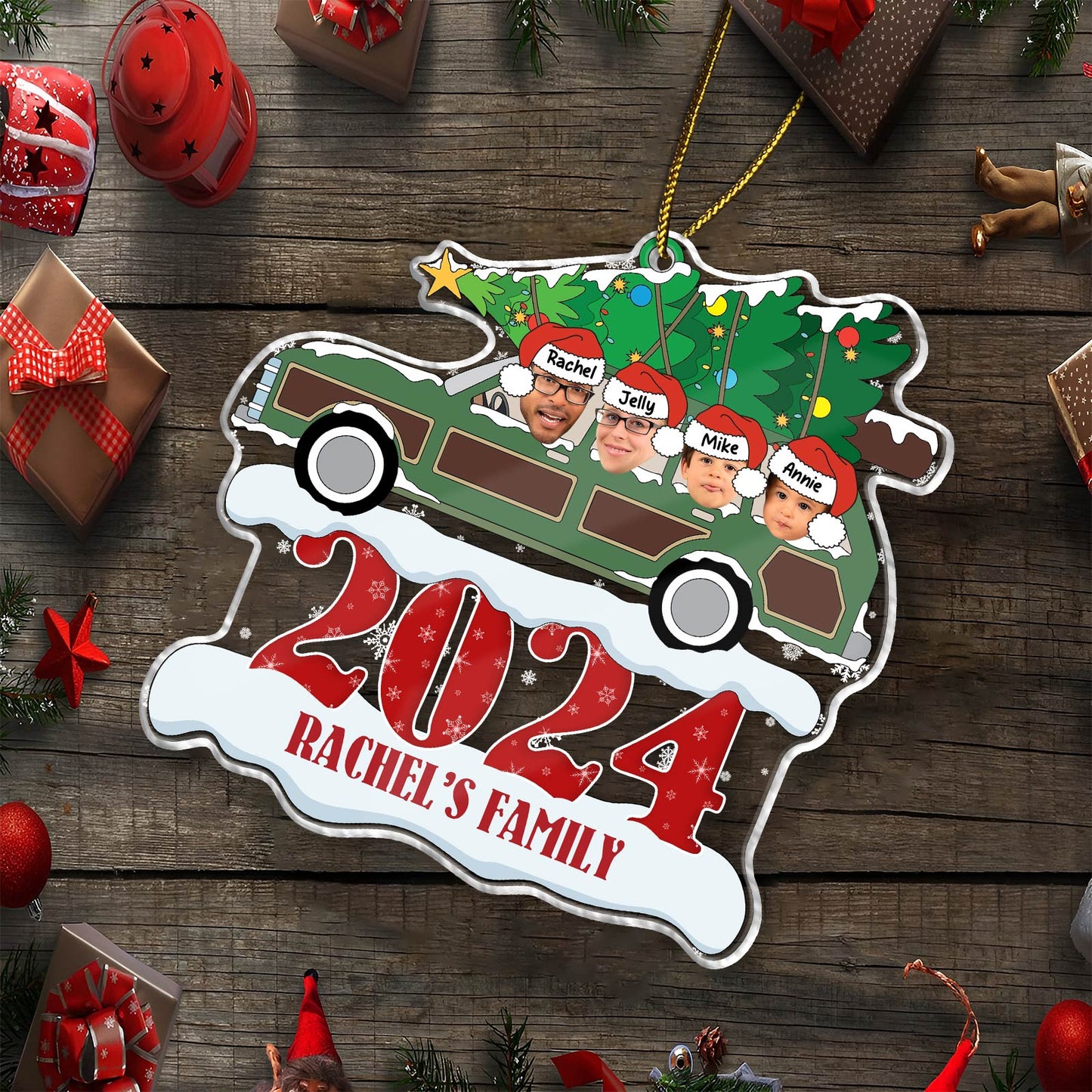 Personalized family Christmas ornament with 2024 and cartoon faces in a holiday car design