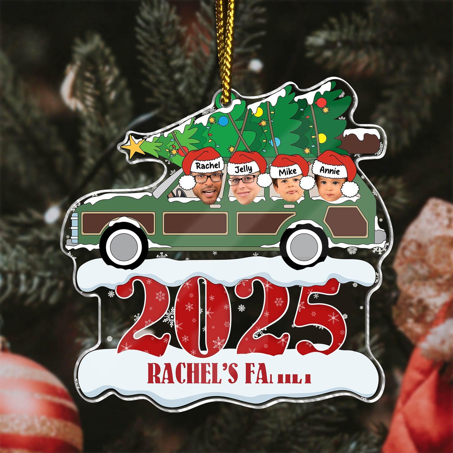 Personalized family Christmas ornament featuring a car with a Christmas tree for Rachel's family