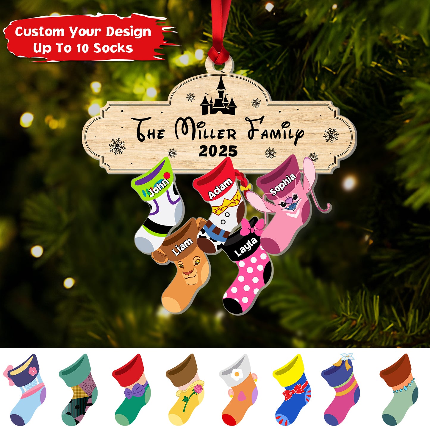Personalized family Christmas ornament featuring custom-designed stockings for up to 10 family members