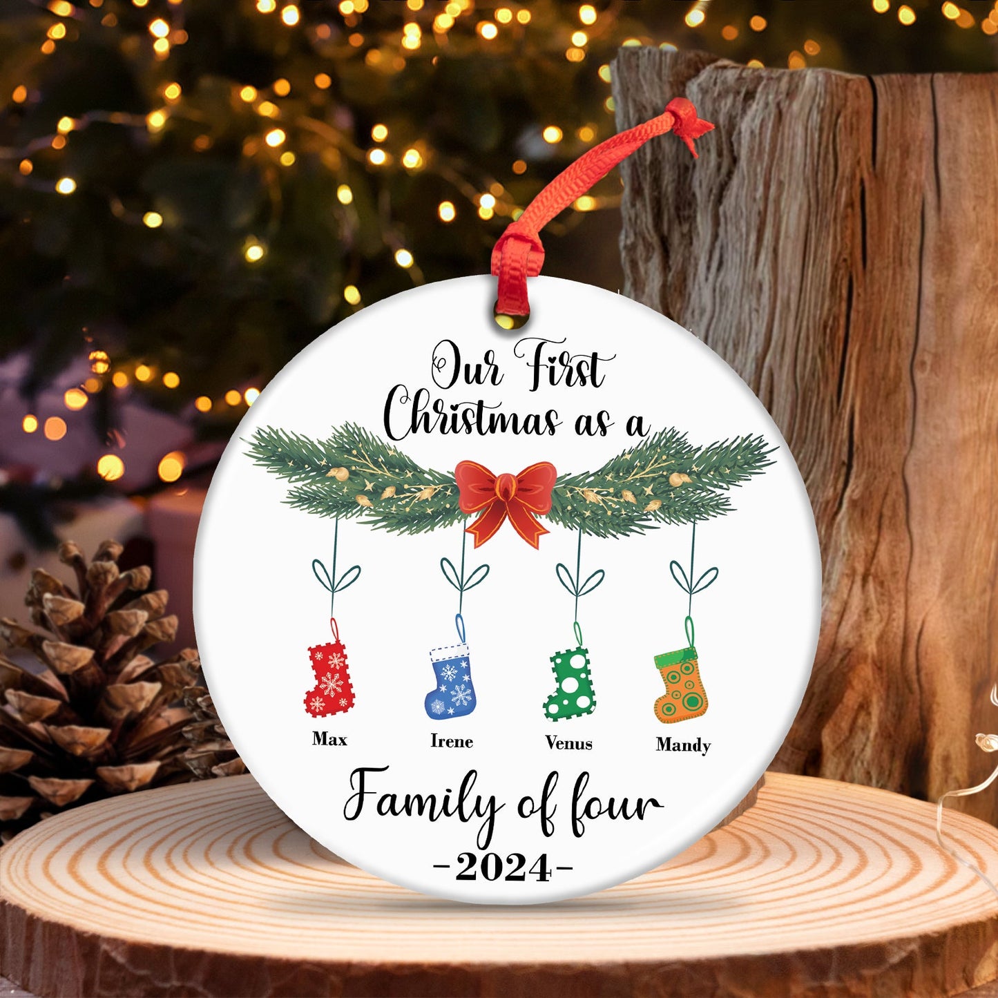 Personalized family Christmas ornament with names and stockings celebrating first Christmas as a family of four 2024