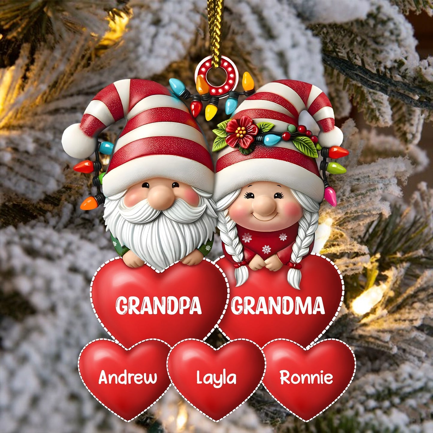 Personalized family Christmas ornament featuring grandparents with red hats and heart tags for names