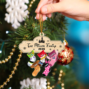 Personalized family Christmas ornament featuring the Miller Family with colorful stockings and custom names