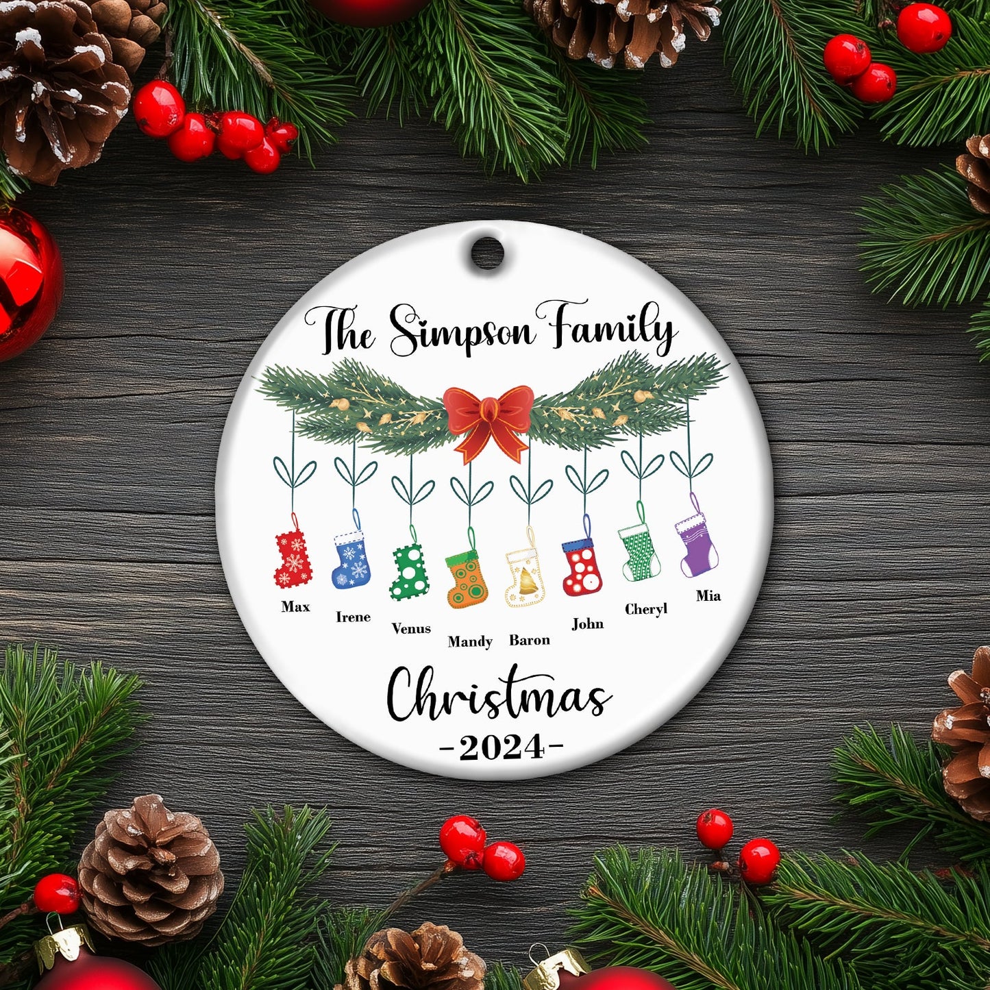 Personalized family Christmas ornament with custom names and colorful stocking decorations for 2024