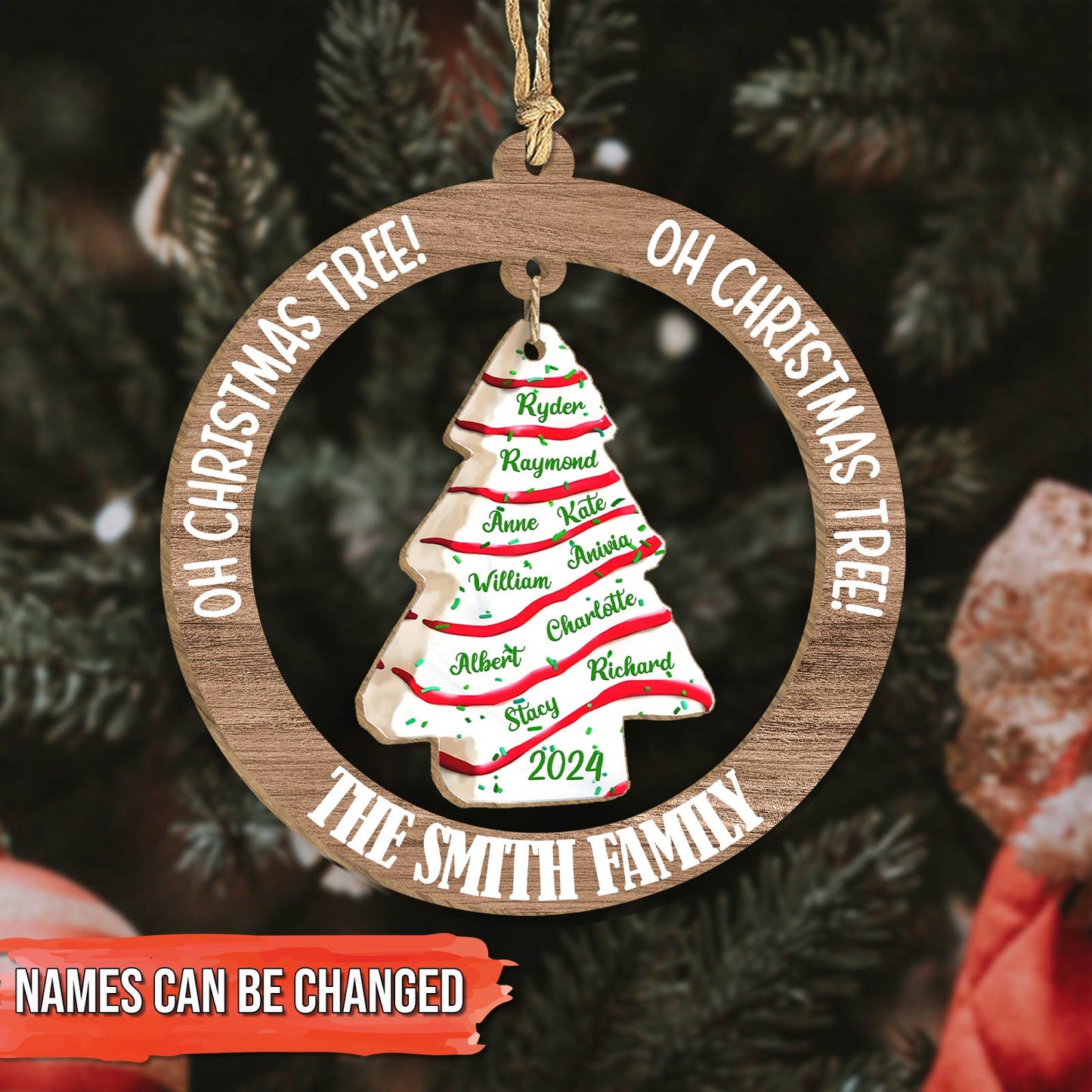 365Gifty personalized family Christmas ornament with names on a tree and wooden ring saying Oh Christmas Tree