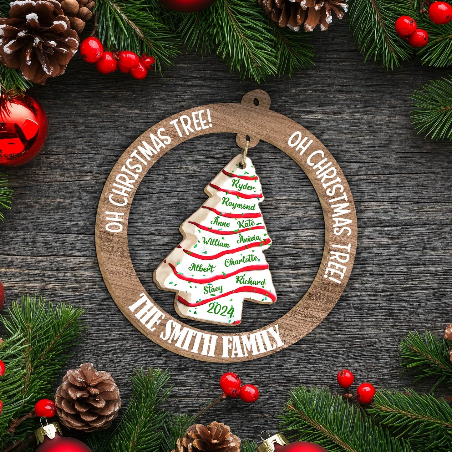 Personalized family Christmas ornament with wooden ring and ceramic tree featuring family names and year 2024