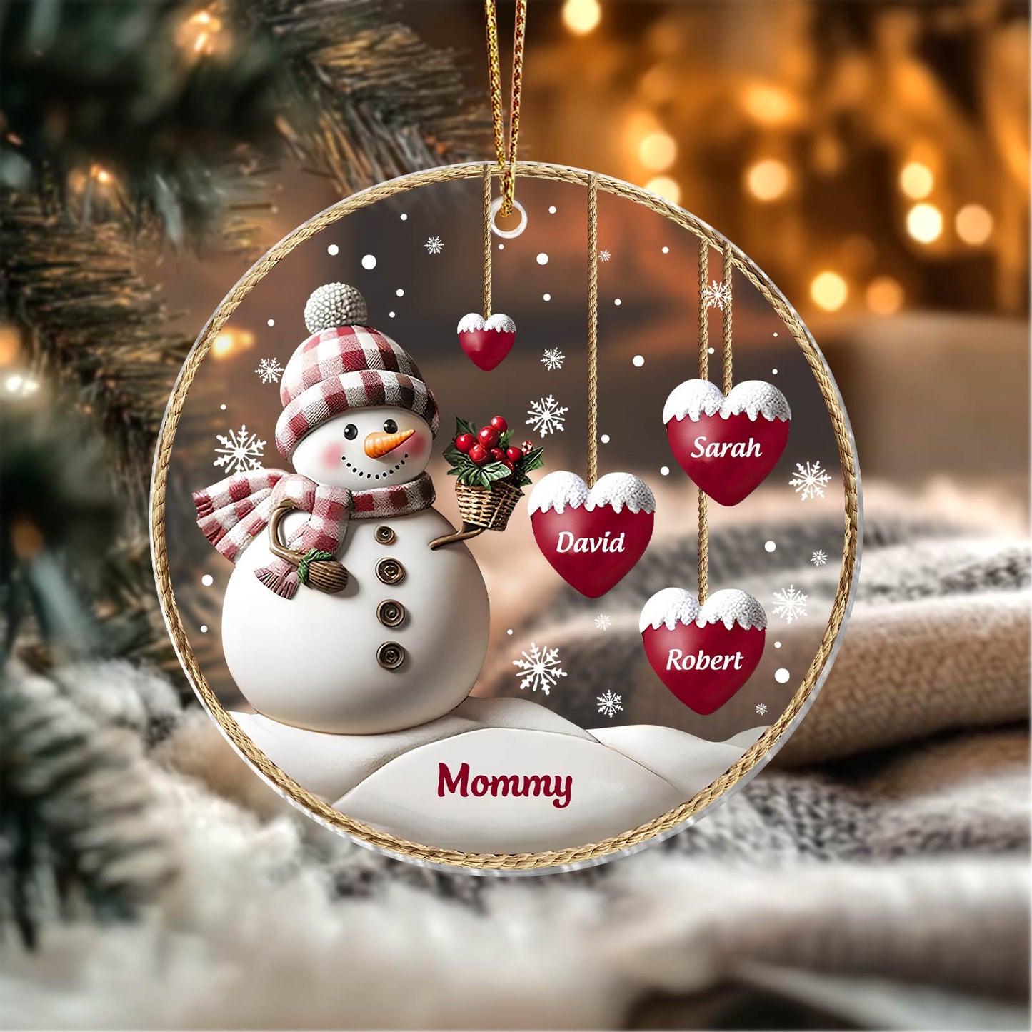 365Gifty personalized family Christmas ornament with snowman and heart-shaped name tags Sarah David Robert