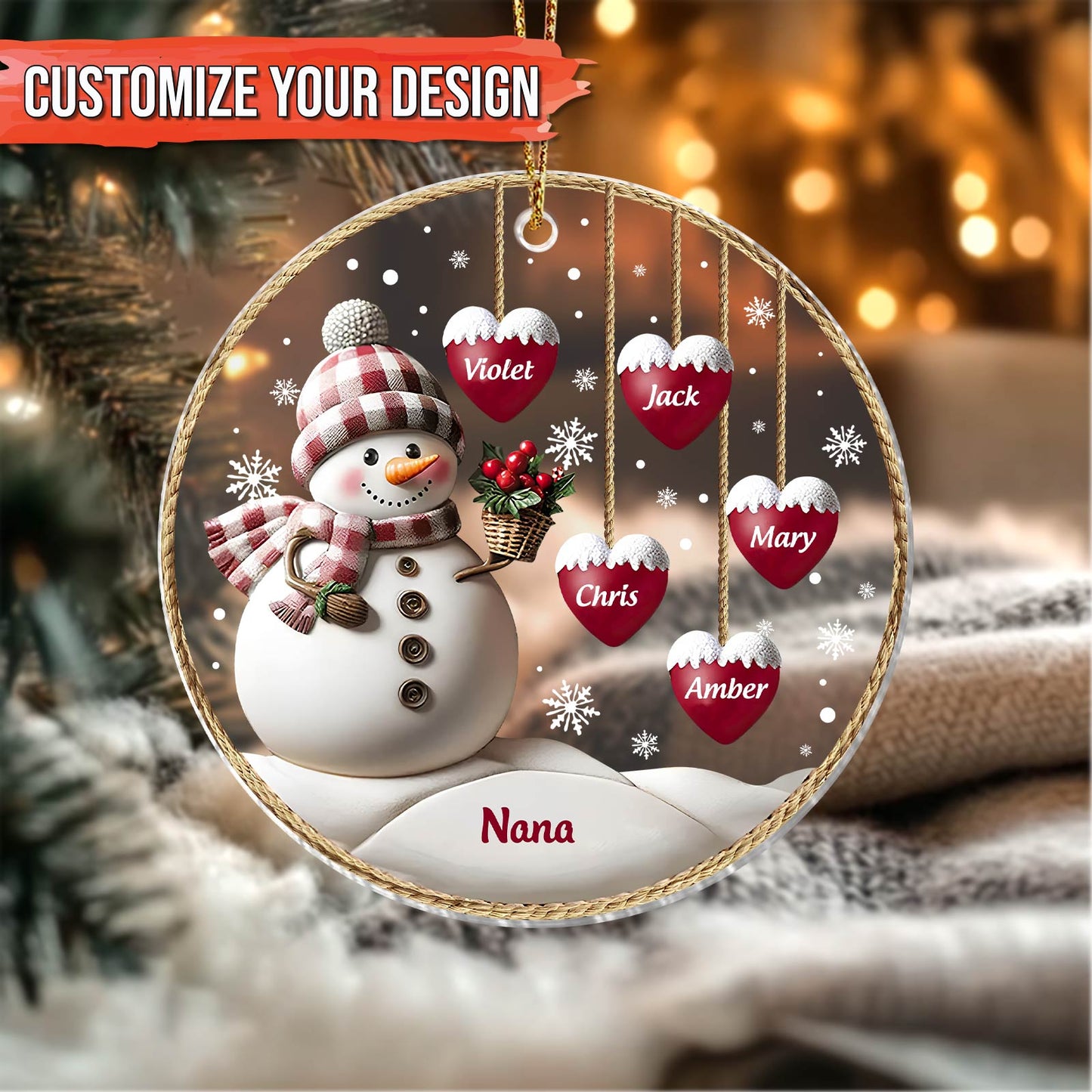 365Gifty personalized family Christmas ornament with snowman and heart-shaped name tags in red and white
