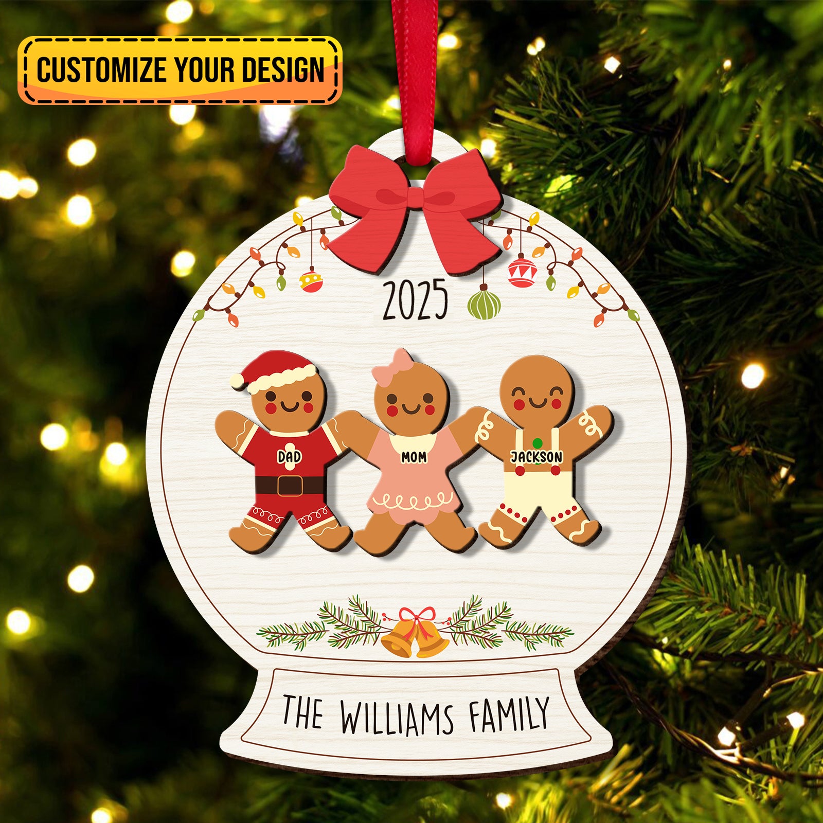 Personalized family Christmas ornament featuring gingerbread figures for the Williams family, 2025 design