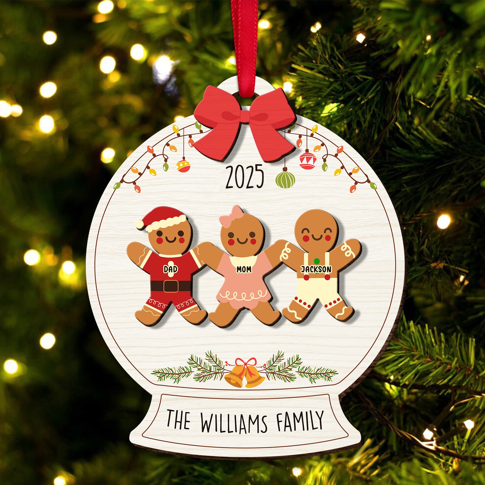 Personalized family Christmas ornament featuring gingerbread figures for The Williams Family in 2025