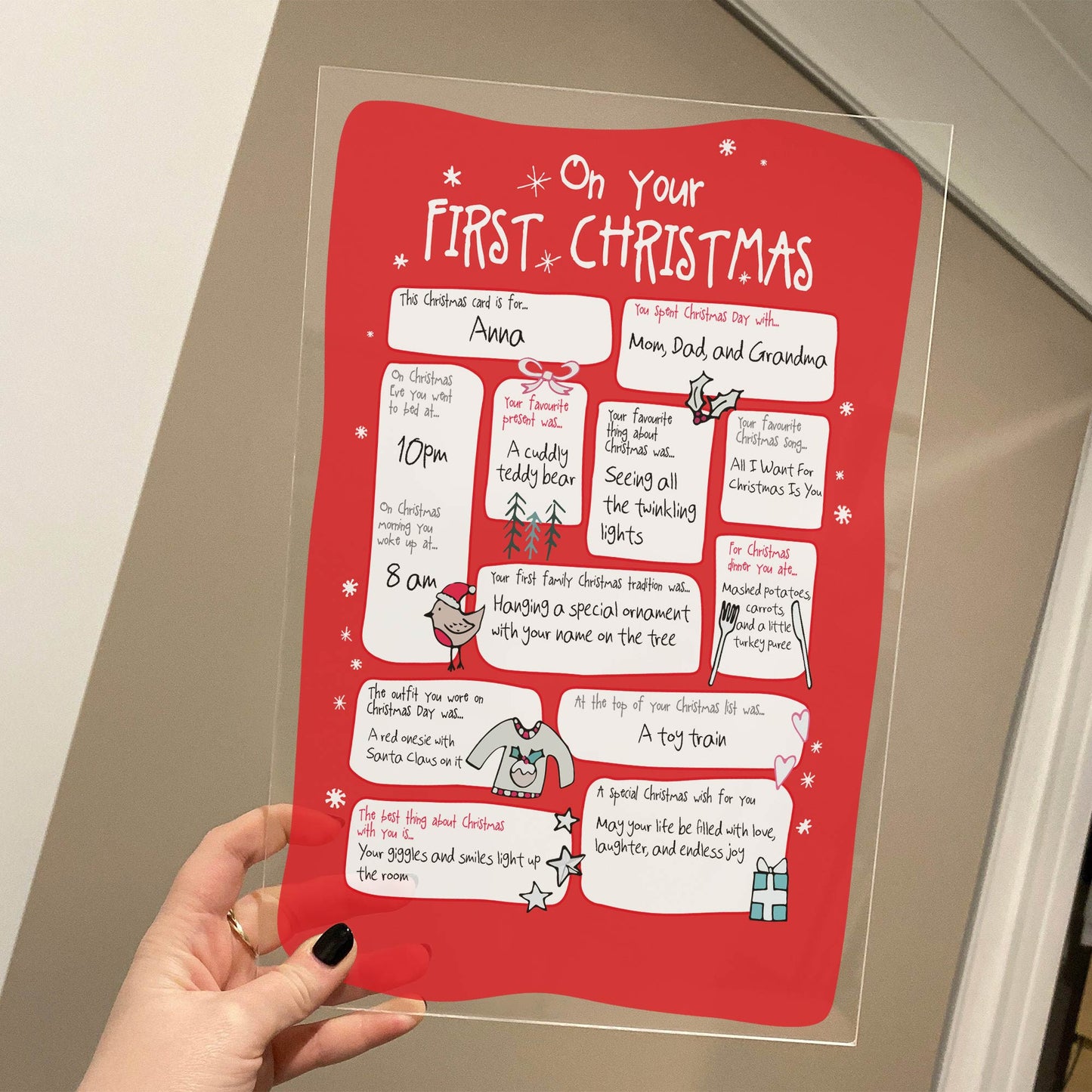Clear personalized family Christmas plaque with red background and white handwritten festive text