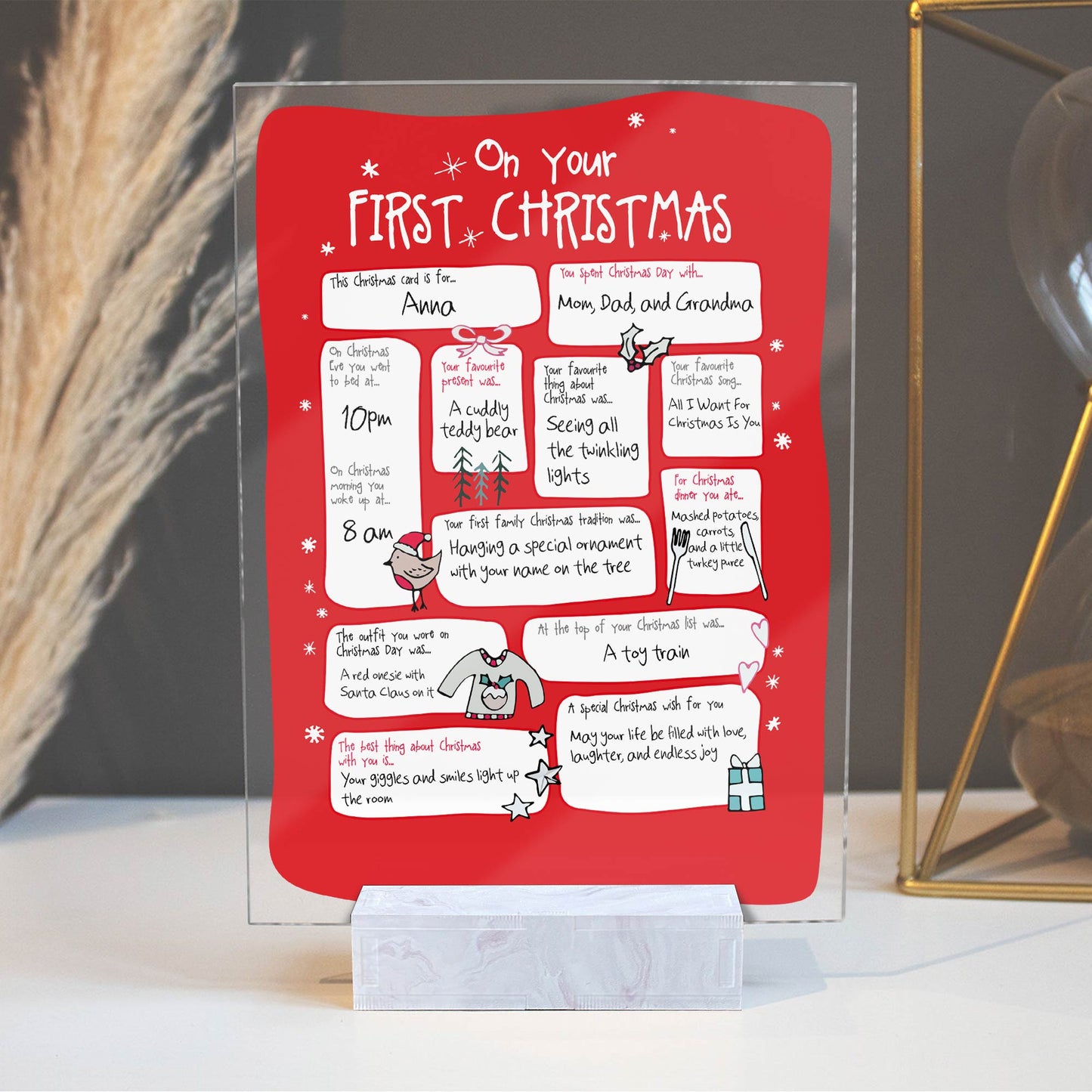 Personalized family Christmas plaque in red celebrating first Christmas with custom names and messages
