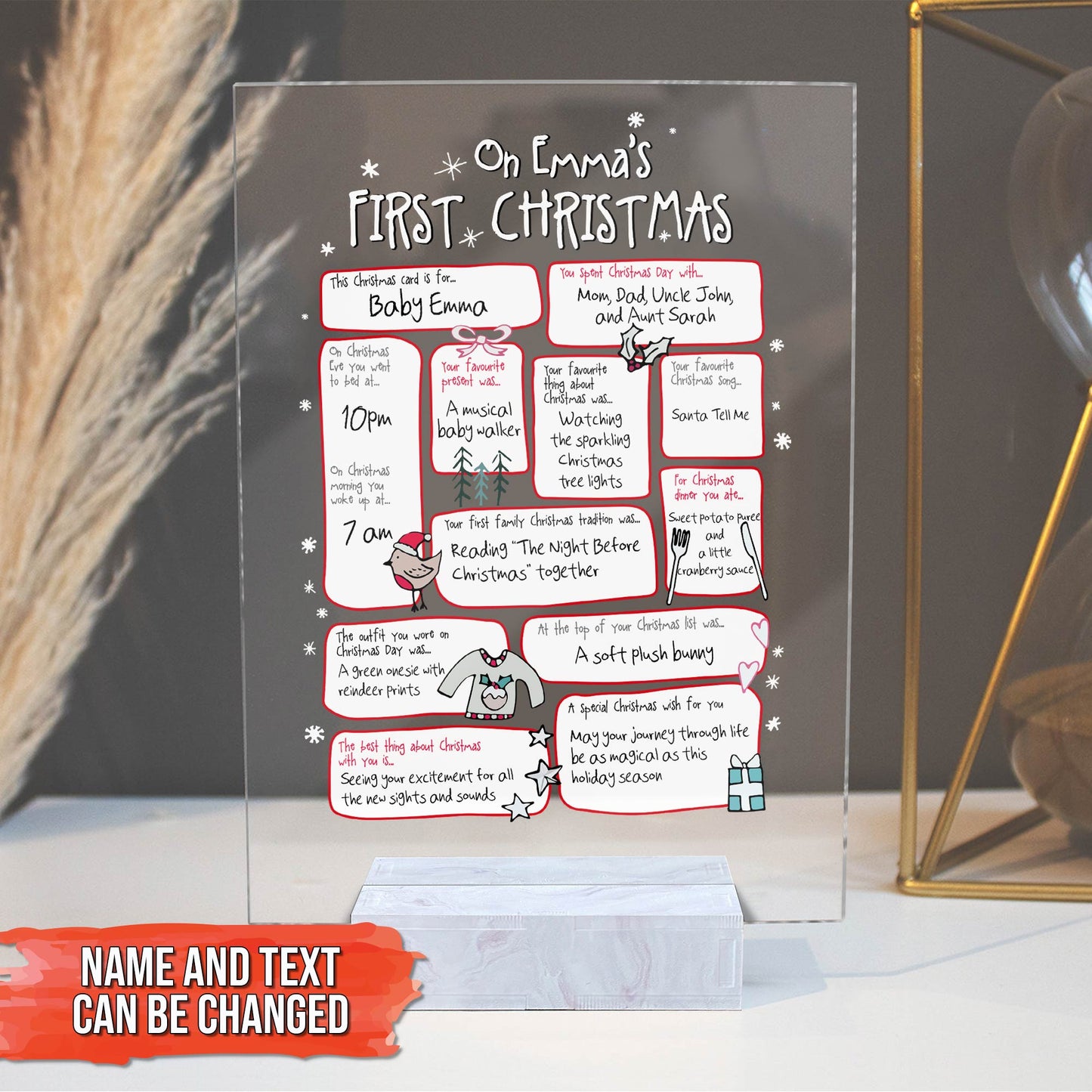 Personalized family Christmas plaque on clear acrylic with customizable text for baby Emma's first Christmas