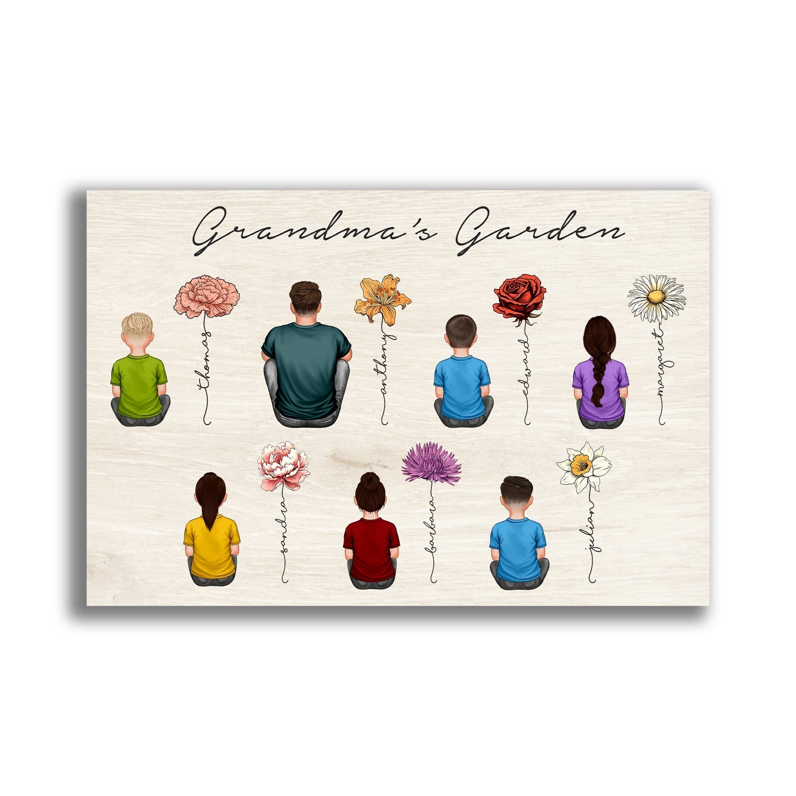 Personalized family flower poster featuring illustrated children and family members in a garden setting