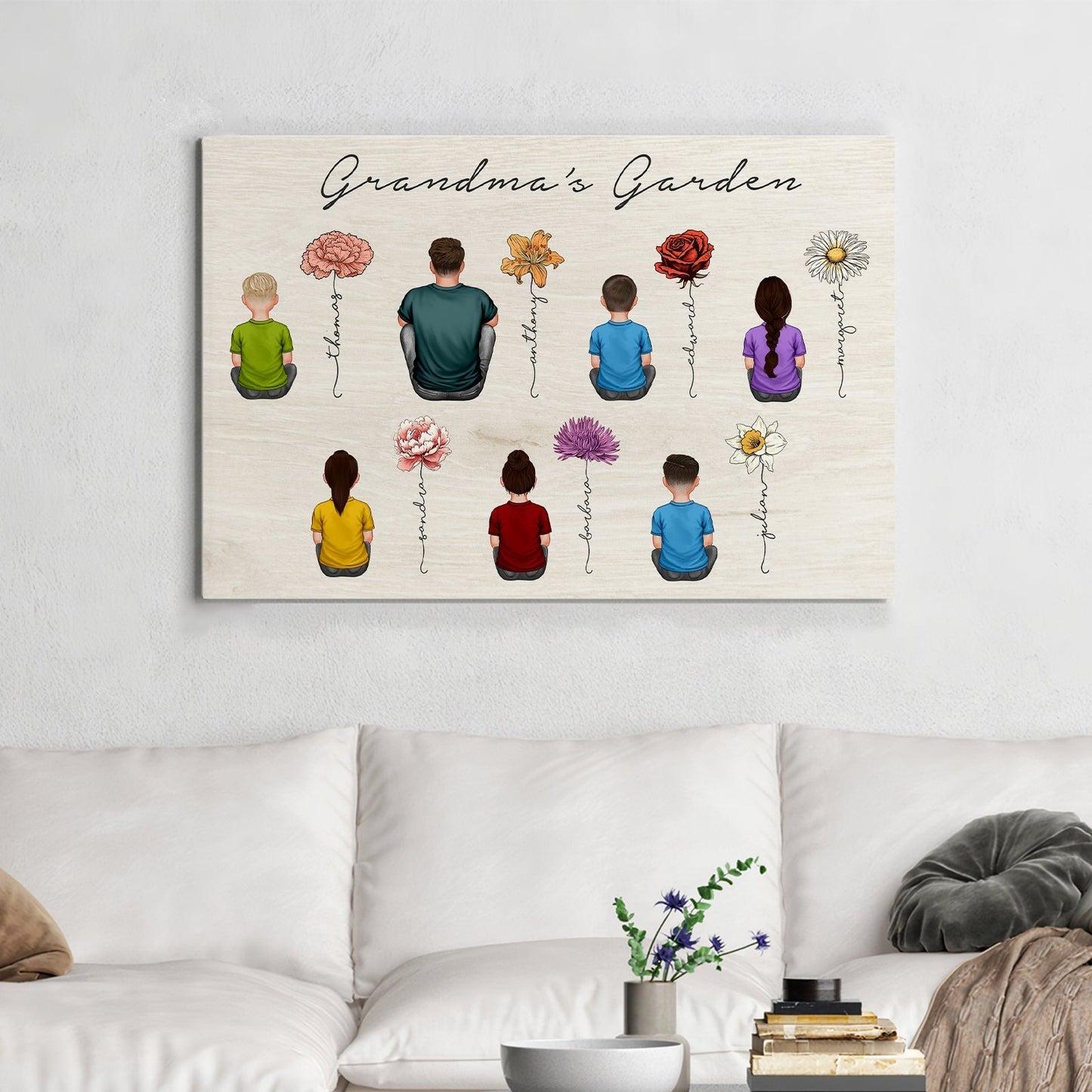 Personalized family flower poster featuring children and flowers for a unique home decor piece