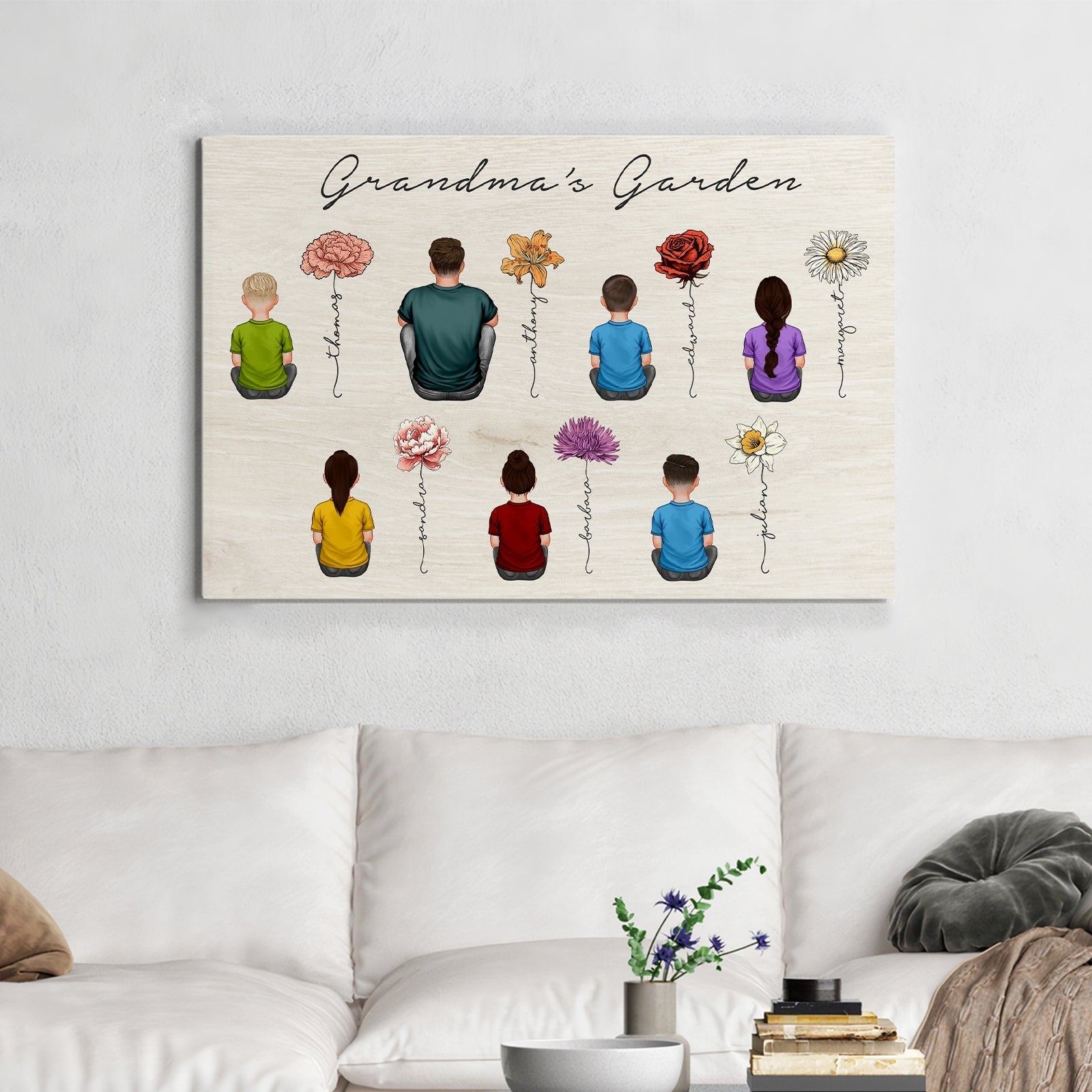 Personalized family flower poster featuring children and flowers for a unique home decor piece