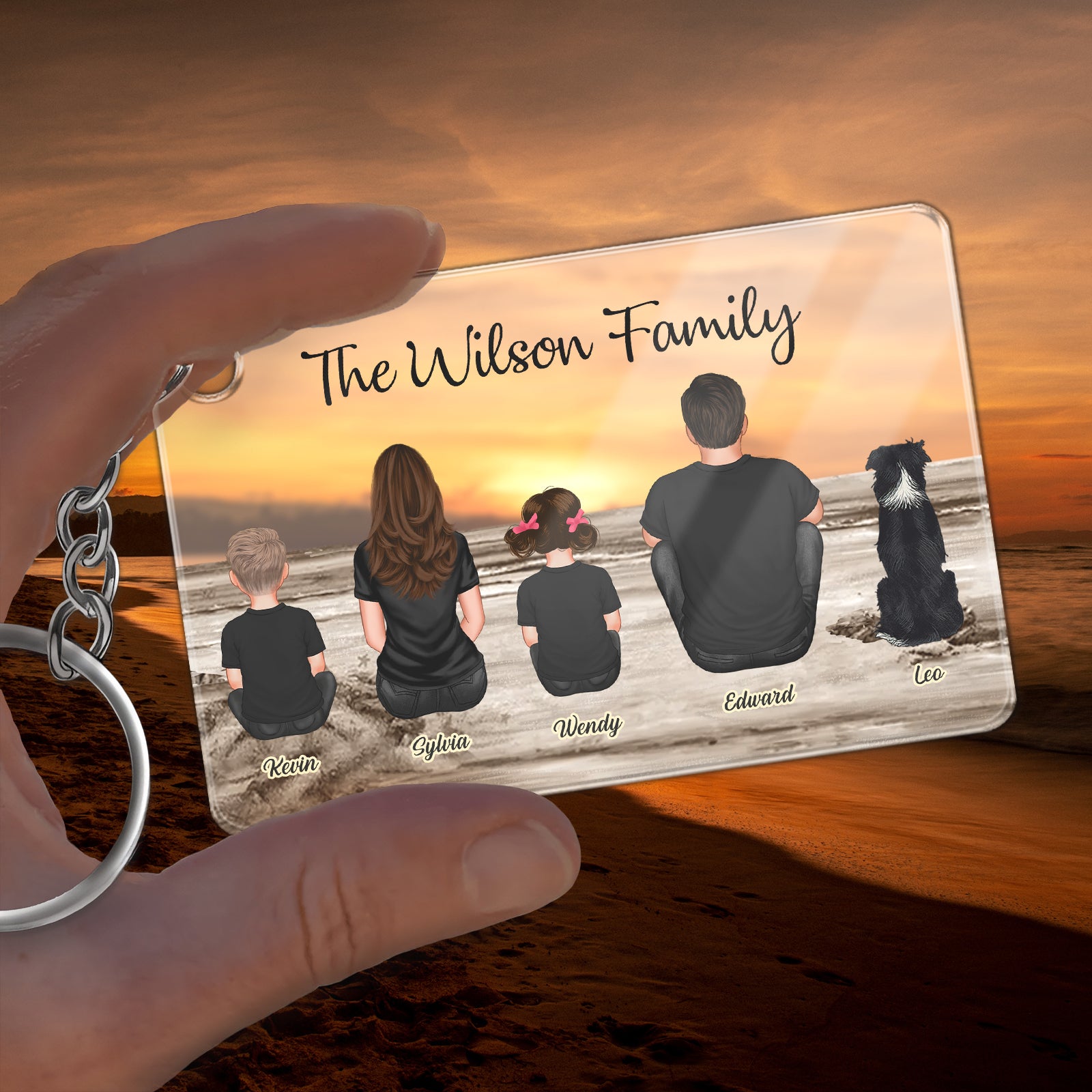 Personalized family keychain featuring silhouettes of the Wilson family at sunset