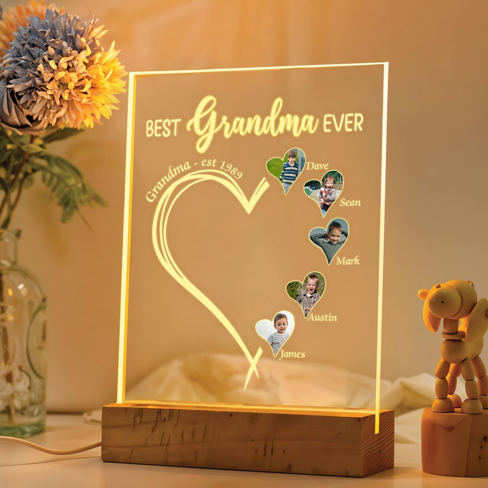 Personalized family LED night light featuring photos and text for a heartfelt gift for Grandma