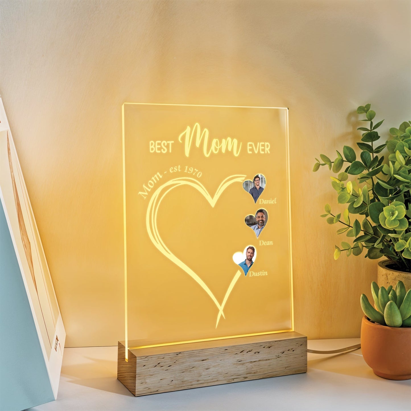 Personalized family LED night light in heart shape with custom names for Mother's Day gifts