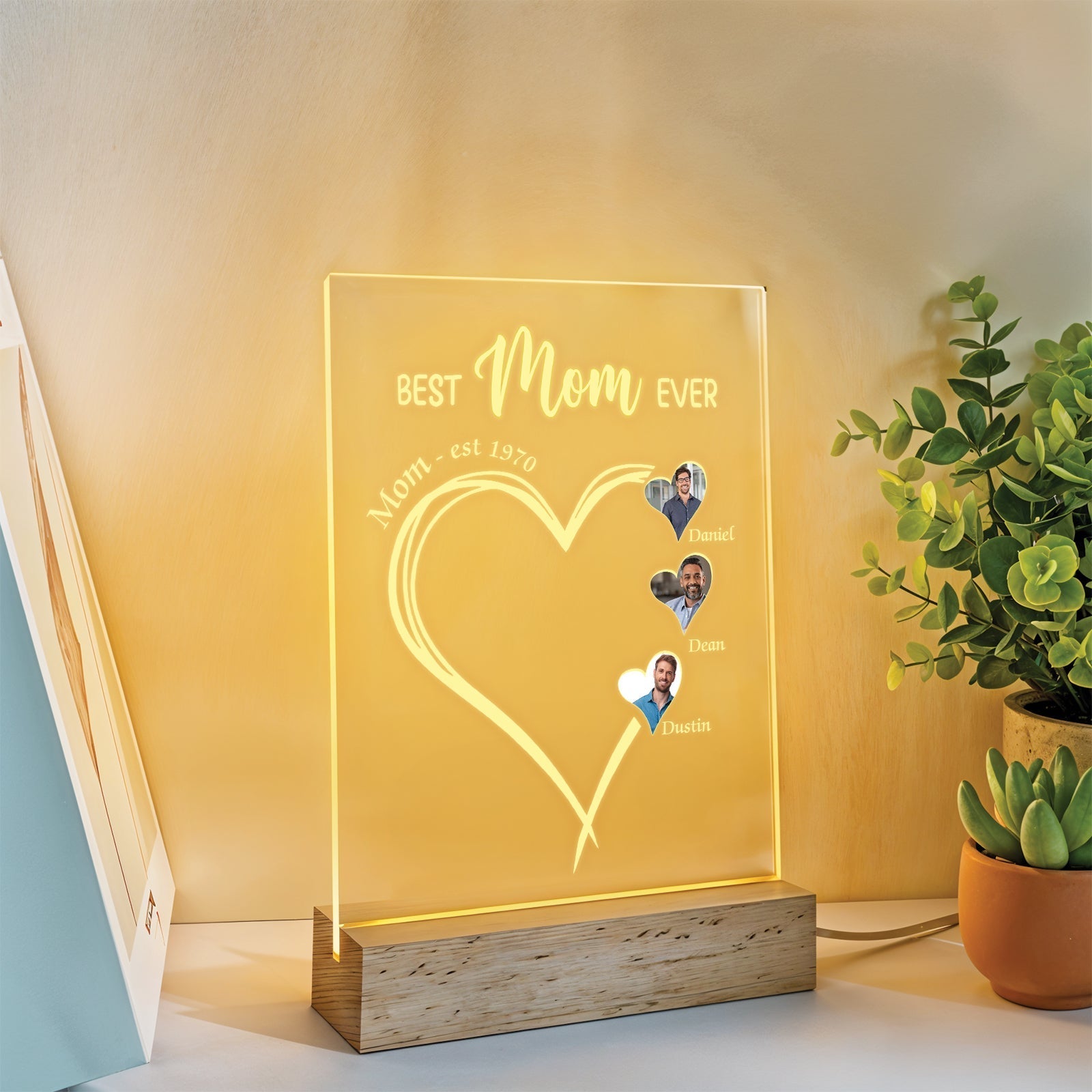 Personalized family LED night light in heart shape with custom names for Mother's Day gifts