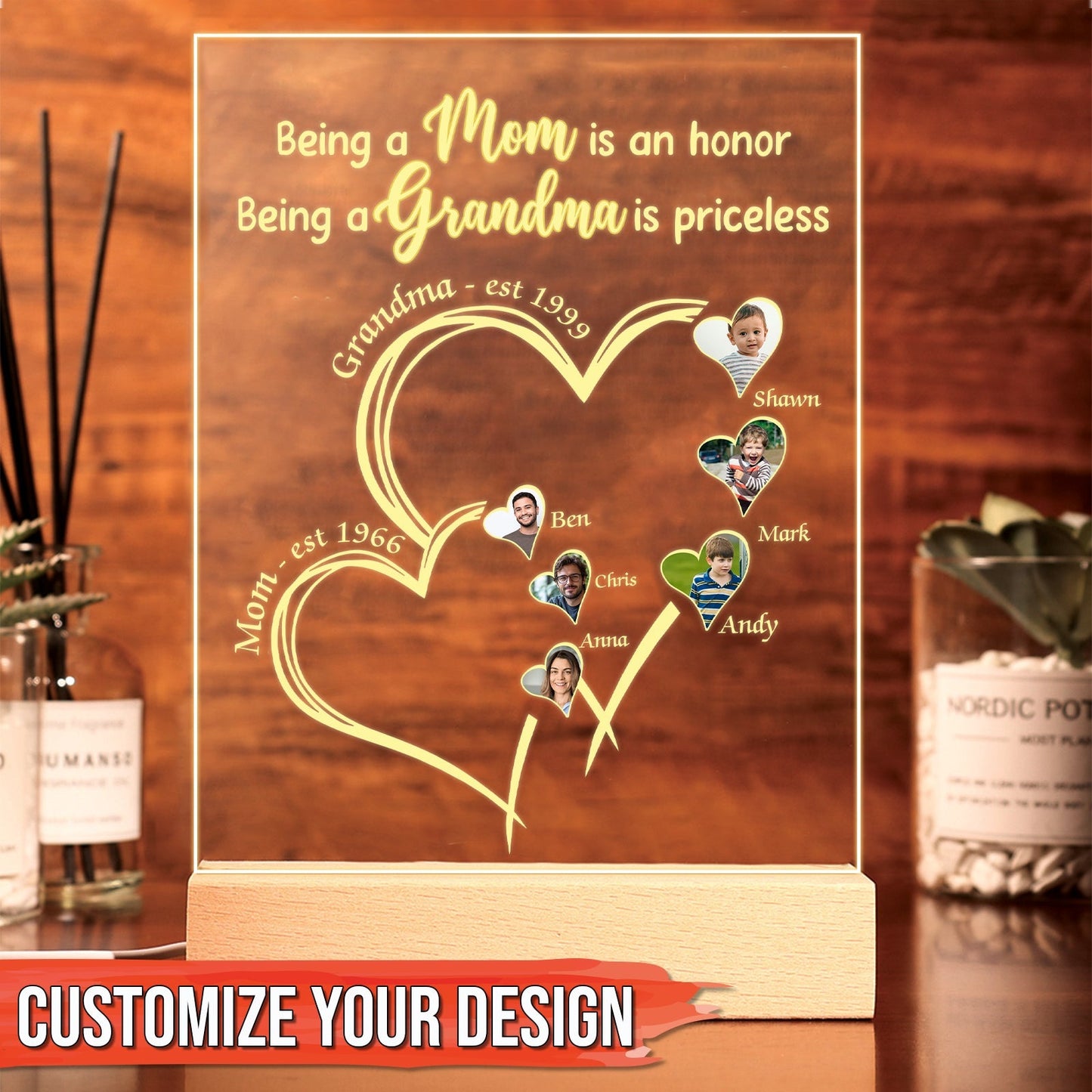 Personalized family LED night light showcasing a heartfelt design for moms and grandmas