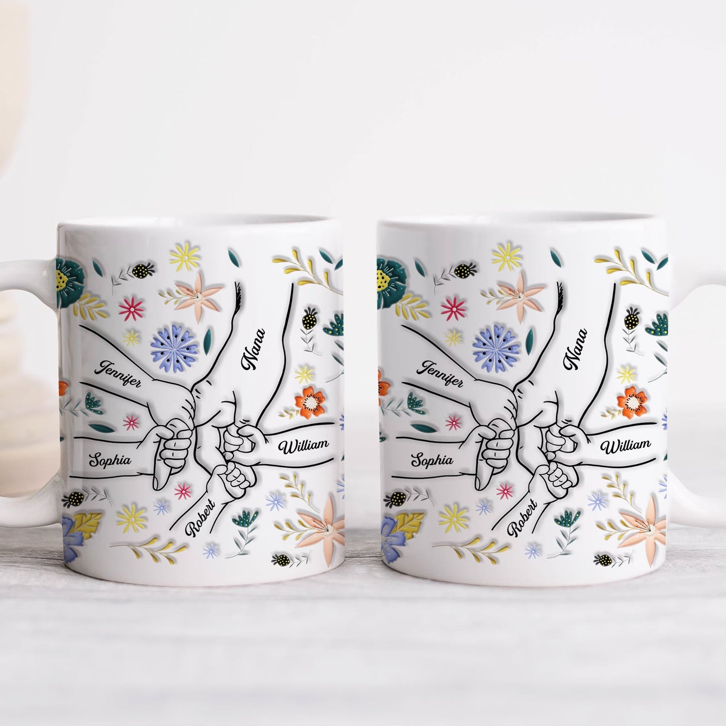 Personalized family mug featuring illustrated hands and floral designs with names