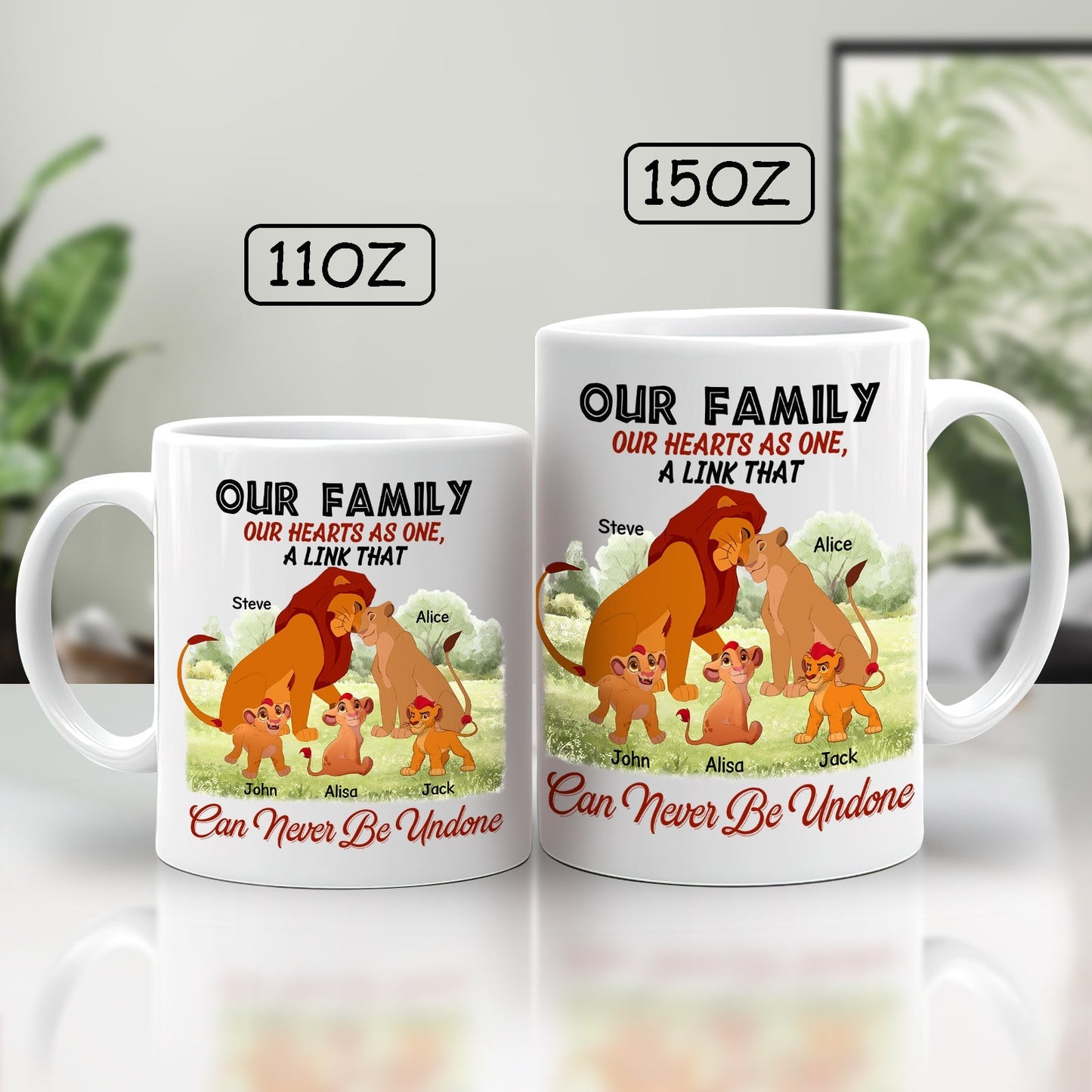 Personalized family mug featuring a lion family design with customizable names and heartfelt message