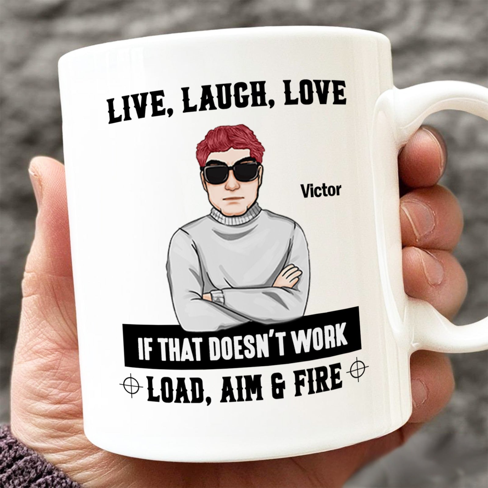 Personalized family mug featuring a humorous design with a character and motivational quote