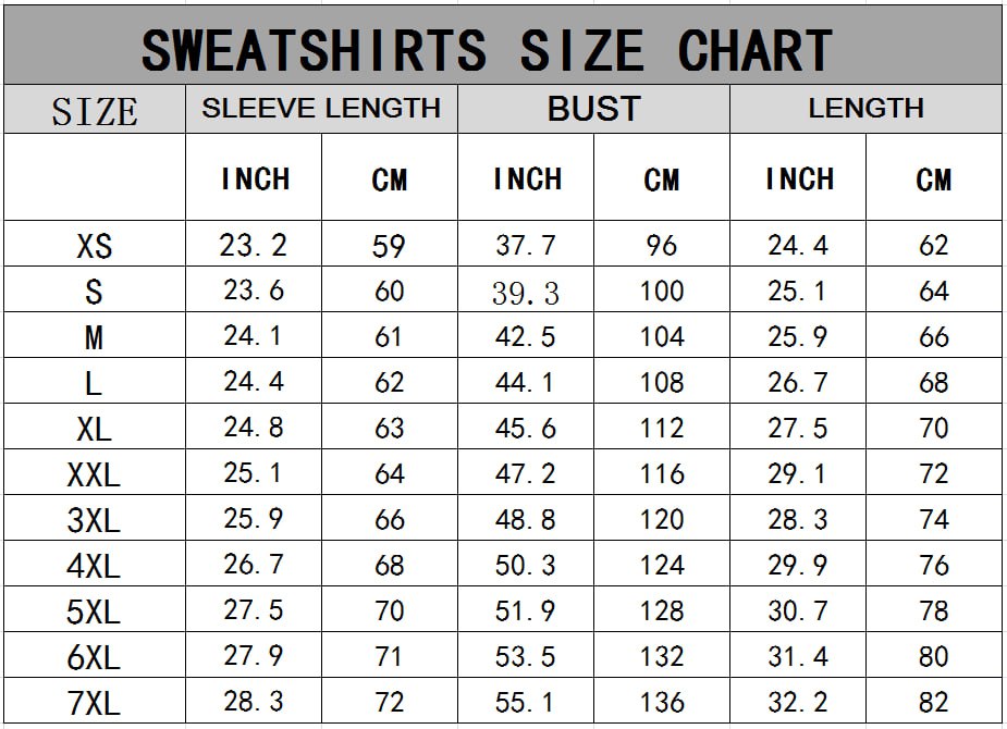 365Gifty sweatshirt size chart showing sleeve length bust and length in inches and centimeters