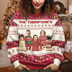 Personalized family ugly Christmas sweater with custom cartoon portraits and holiday patterns