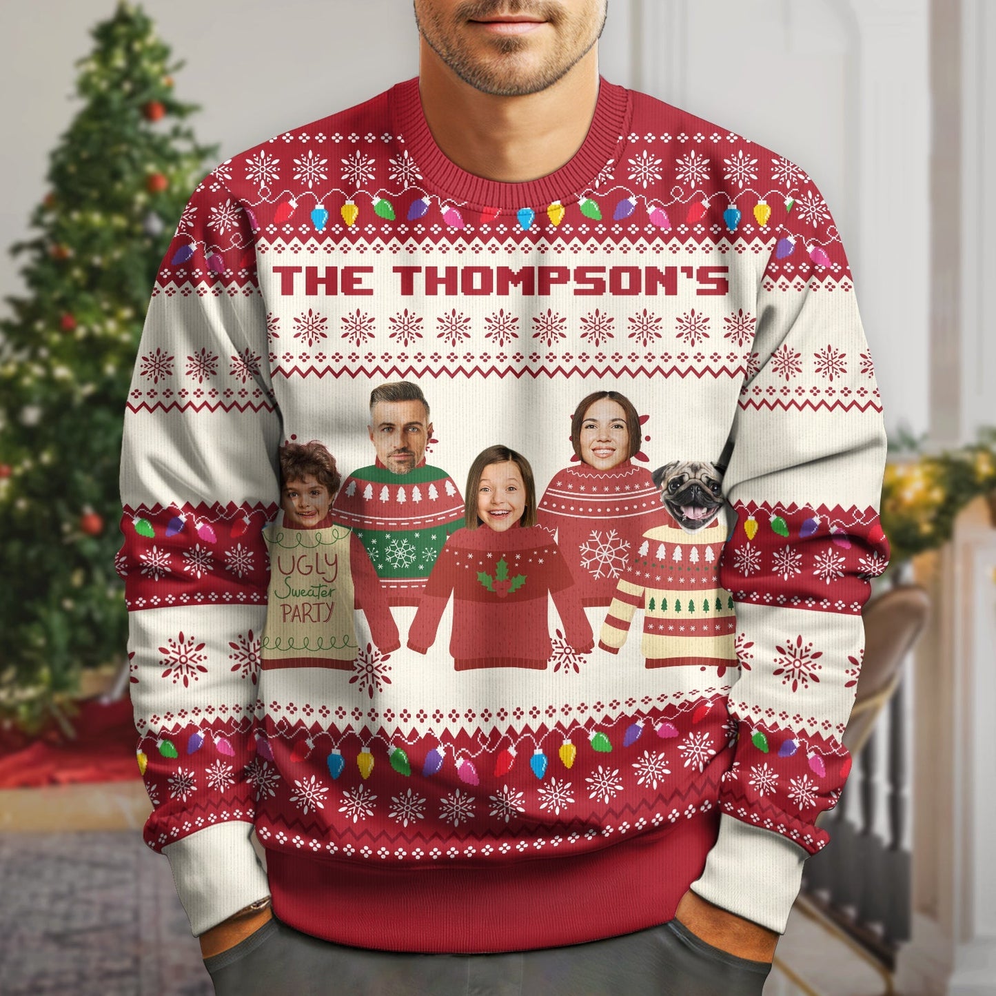 365Gifty personalized family ugly Christmas sweater with custom cartoon portraits and festive holiday design