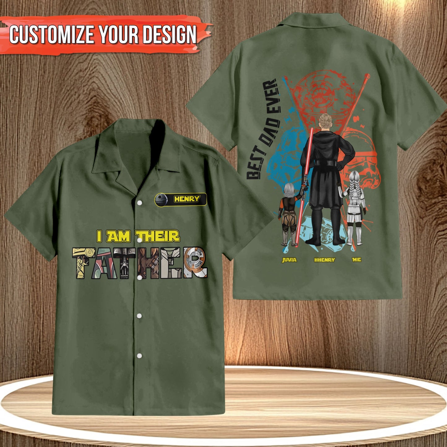 Personalized father Hawaiian shirt in olive green with custom name patch and Star Wars themed back design