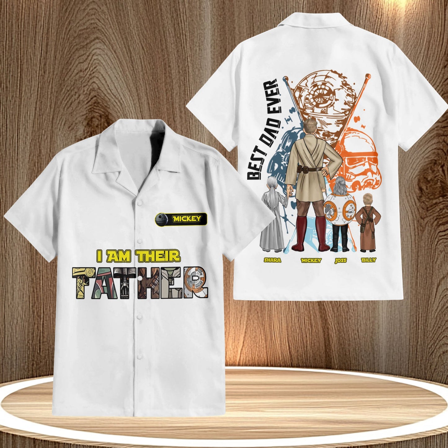 Personalized father Hawaiian shirt with Star Wars inspired I am their father design and character illustrations
