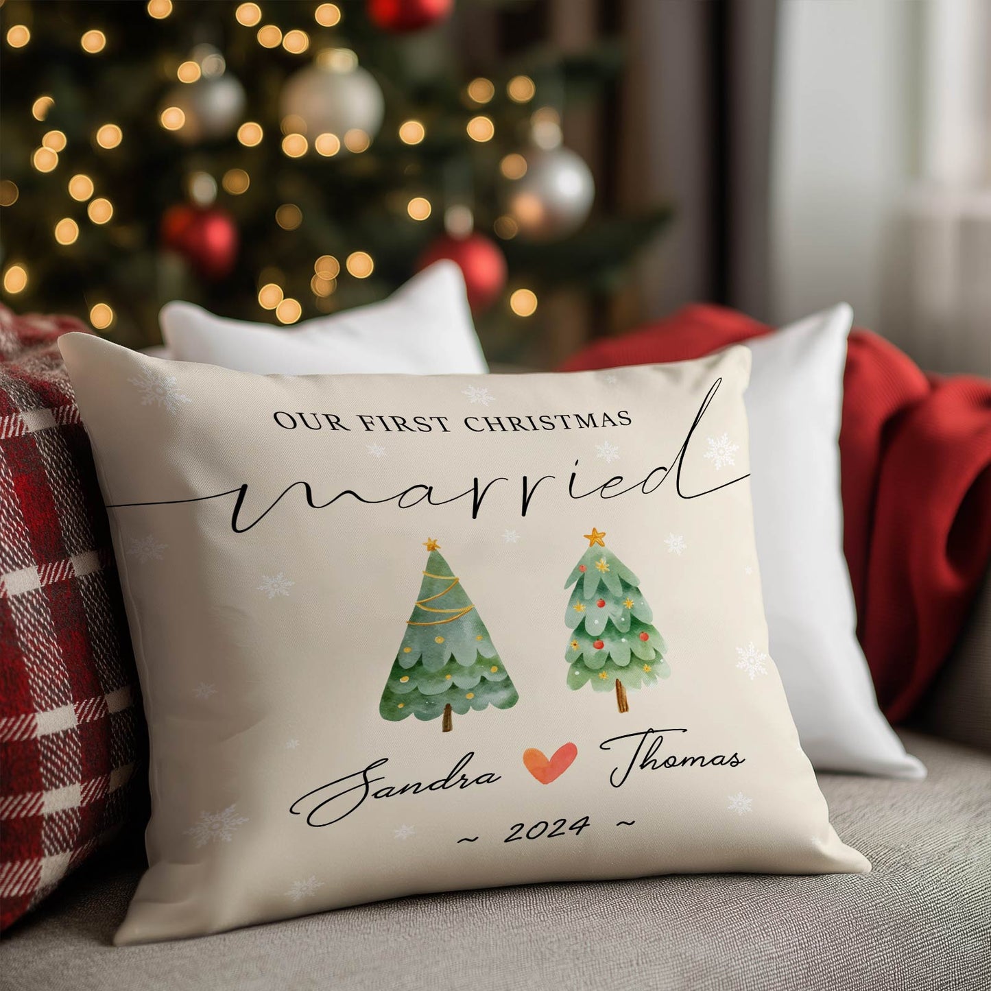 Personalized first Christmas married pillow with names Sandra and Thomas and 2024 year design