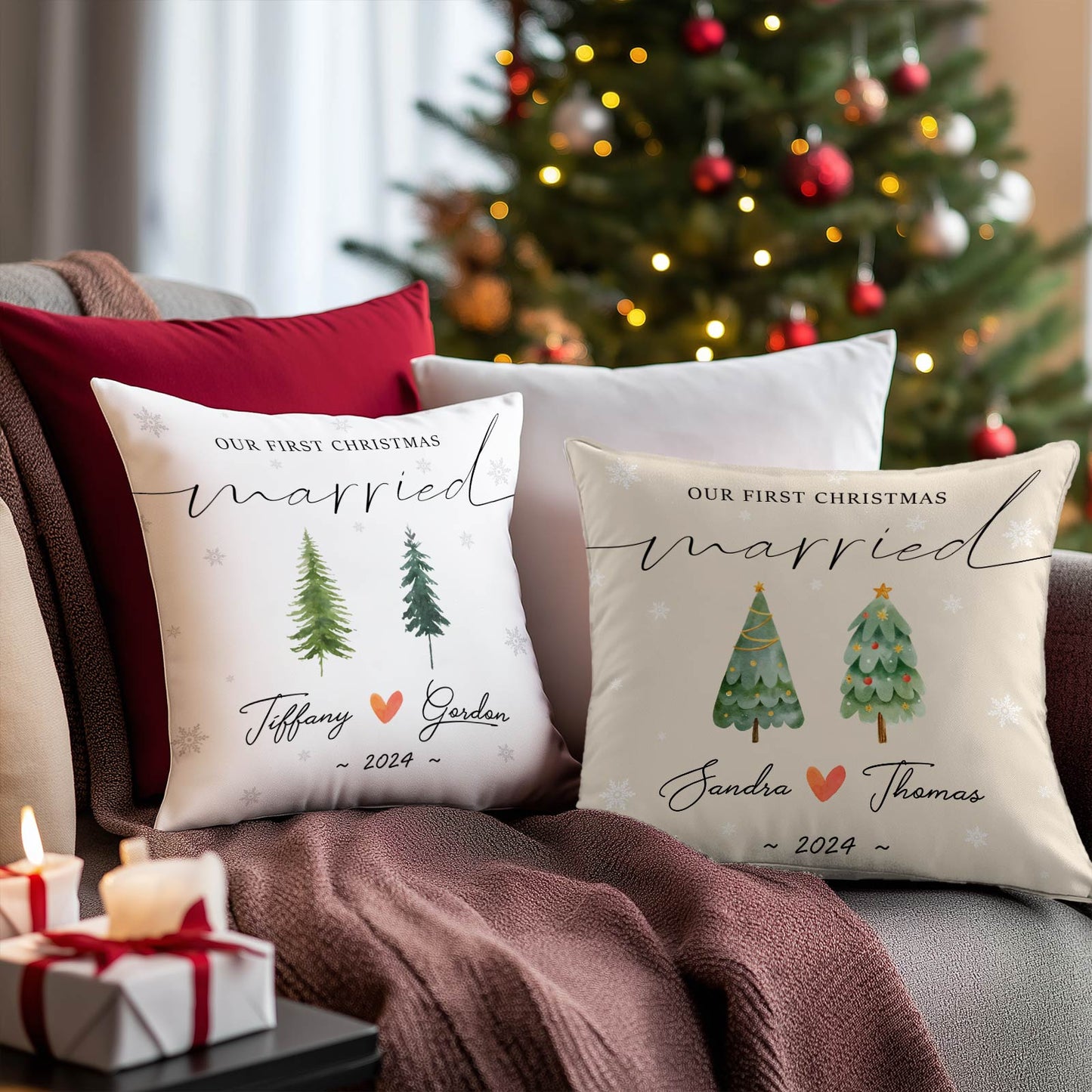 Personalized first Christmas married pillow with custom names and year featuring festive Christmas tree design