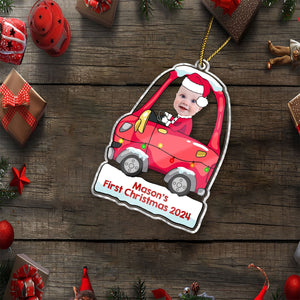 Personalized first Christmas ornament featuring a baby in a red car with Santa hat and custom text