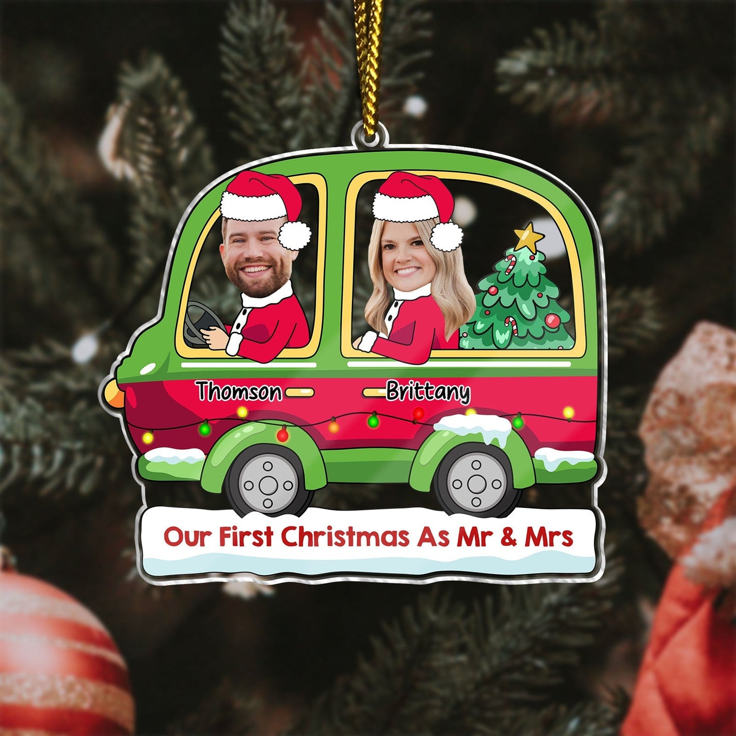365Gifty personalized first Christmas ornament featuring a custom photo car design with Santa hats and names