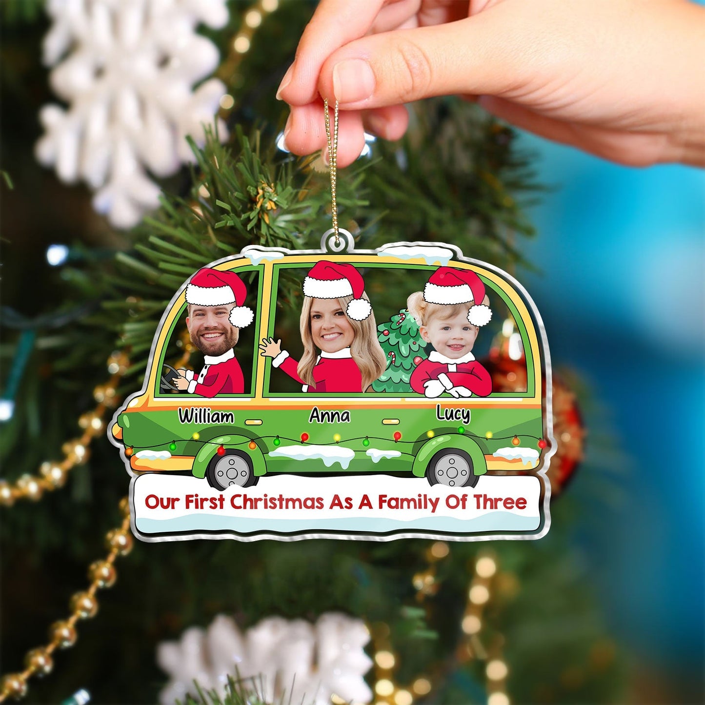 365Gifty personalized first Christmas ornament featuring a family of three in a green car with Santa hats
