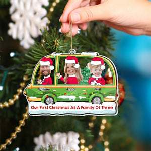 365Gifty personalized first Christmas ornament featuring a family of three in a green car with Santa hats
